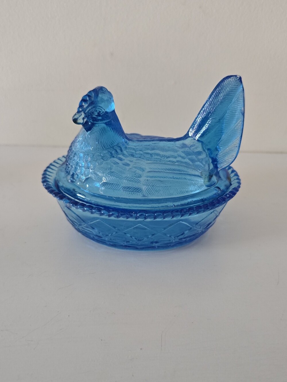 Vintage Aqua Blue Glass Hen on Nest Covered Dish